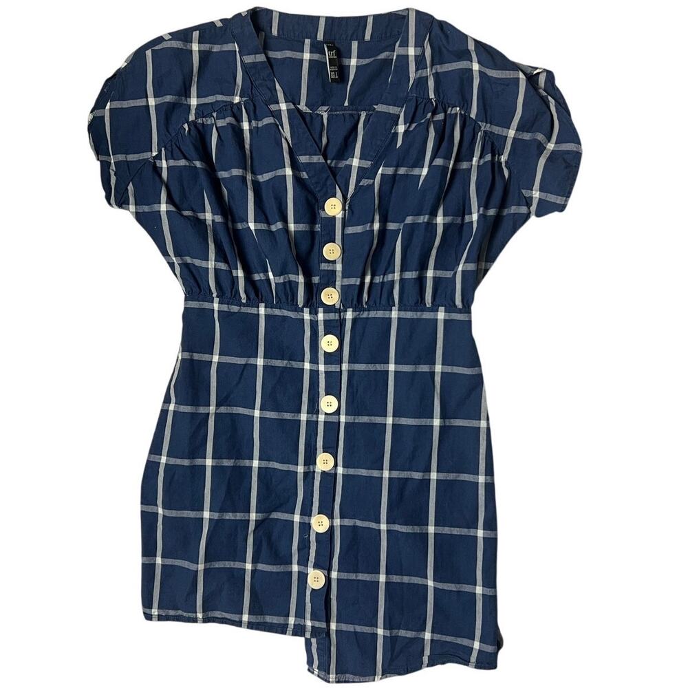 Zara Navy White Grid Plaid Button-Down Uneven Hem Shirt Dress Size S